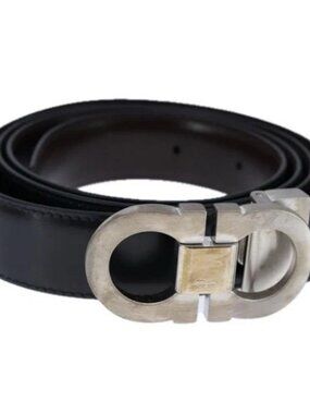 Salvatore Ferragamo Double Gancini Belt Leather 49.6" Black Auth am7492